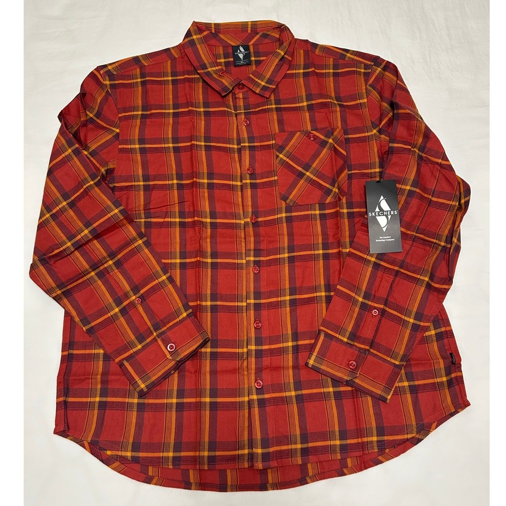 Skechers Mens Plaid Button Down Shirt Long Sleeve Red Brown XL Lightweight NEW